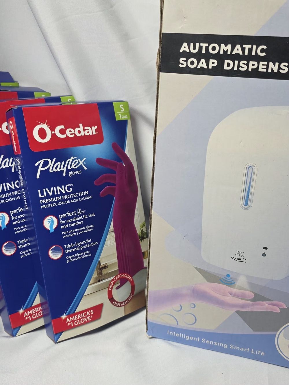 Auto-matic Soap Dispenser & (4pks) O-Cedar Small Playtex Premium Gloves &